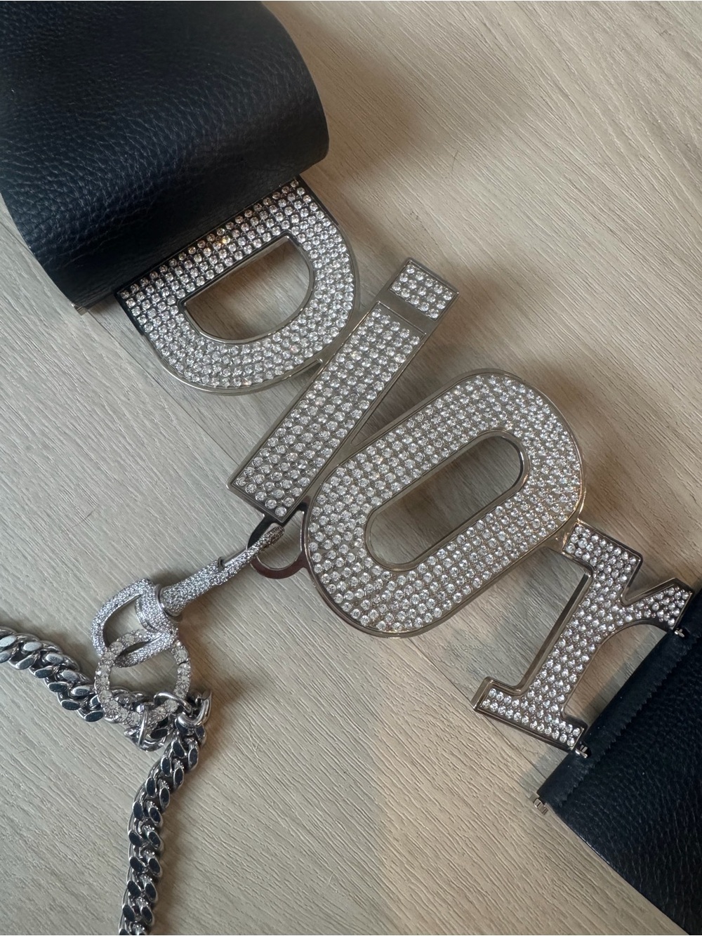 Dior Black Leather Belt with Crystal 'DIOR' Lettering